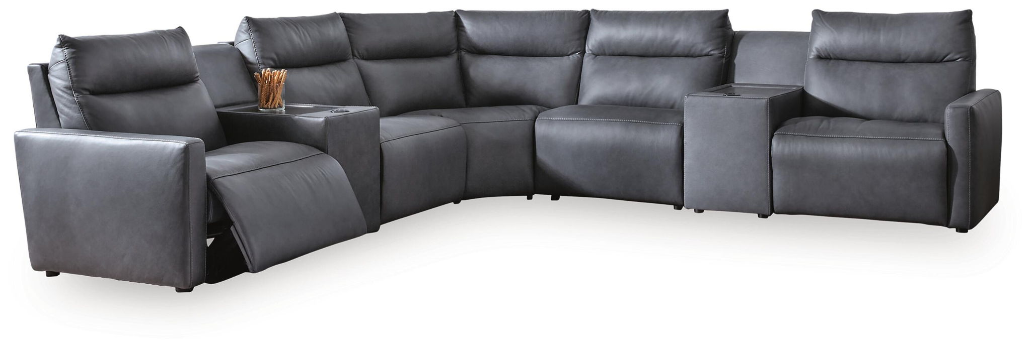Gray power reclining sectional with boxy padded arms and tufted back cushions