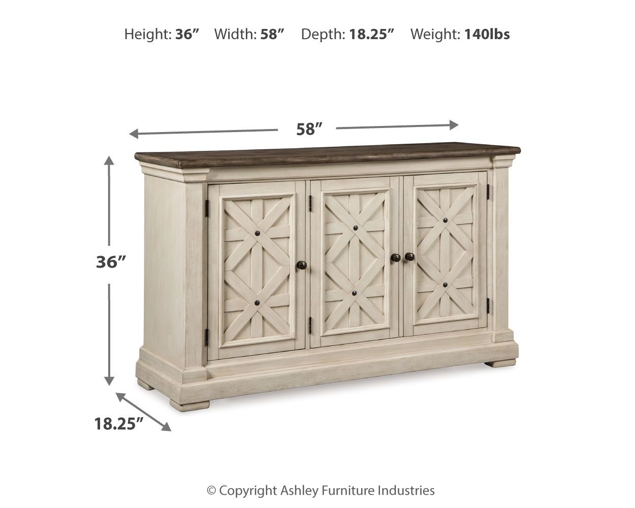 Beige dining room server dimensions 36H x 58W x 18.25D with three door panels