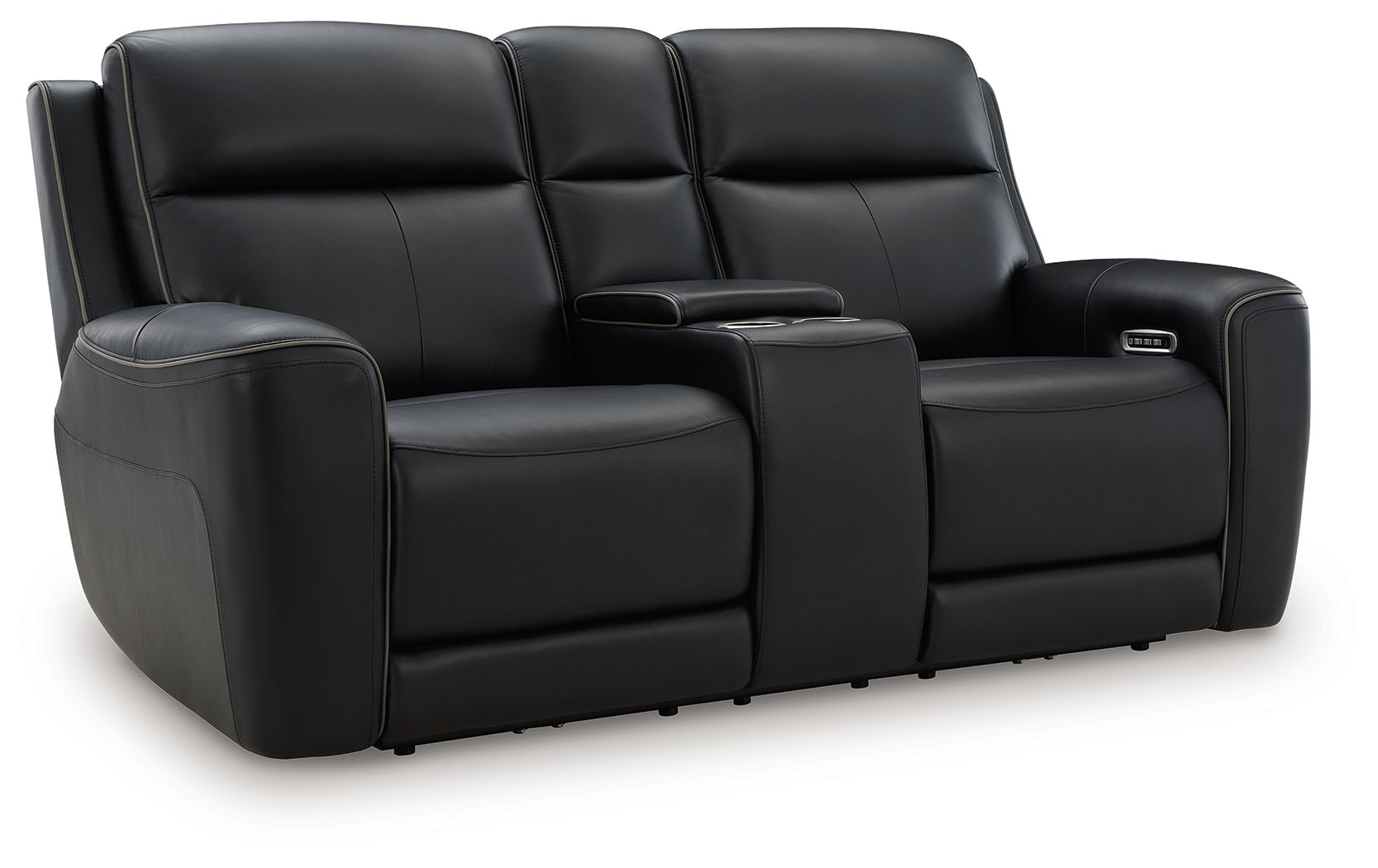Black power reclining loveseat with console and adjustable headrest, front view