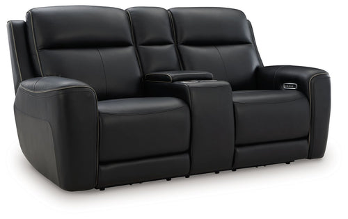 Black power reclining loveseat with console and adjustable headrest, front view