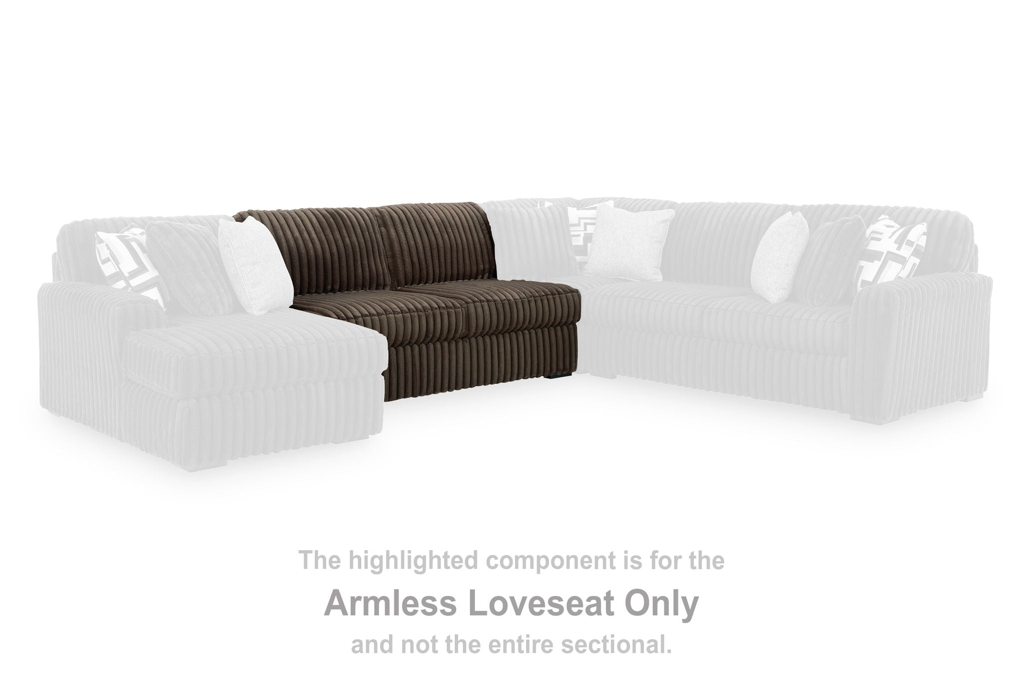 Chocolate armless loveseat section with dark brown ribbed upholstery, armless design