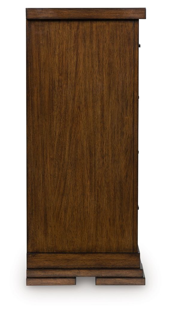 Medium brown wooden dresser side panel with top and bottom trim