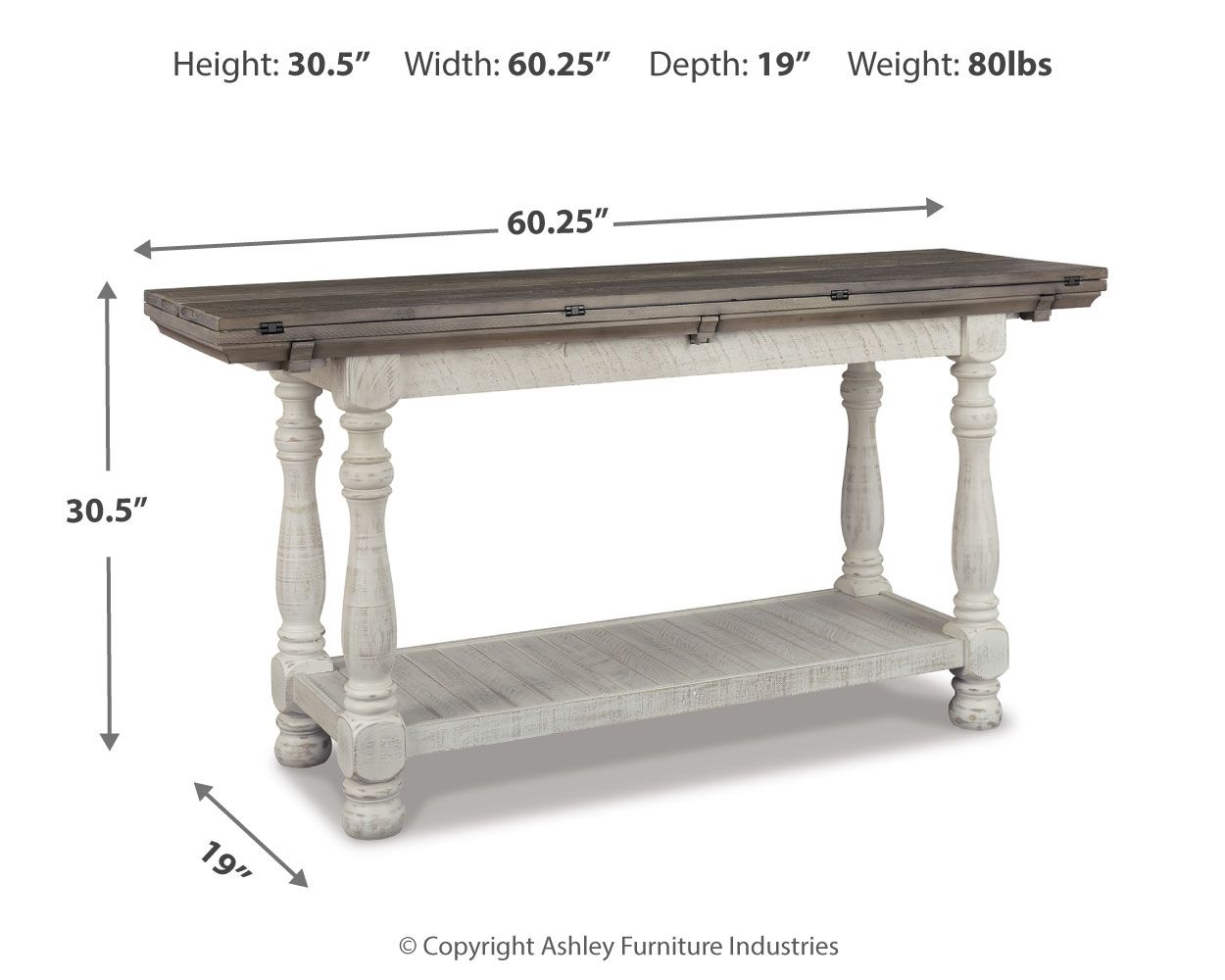 Gray flip-top sofa table with white turned legs and lower shelf, side view