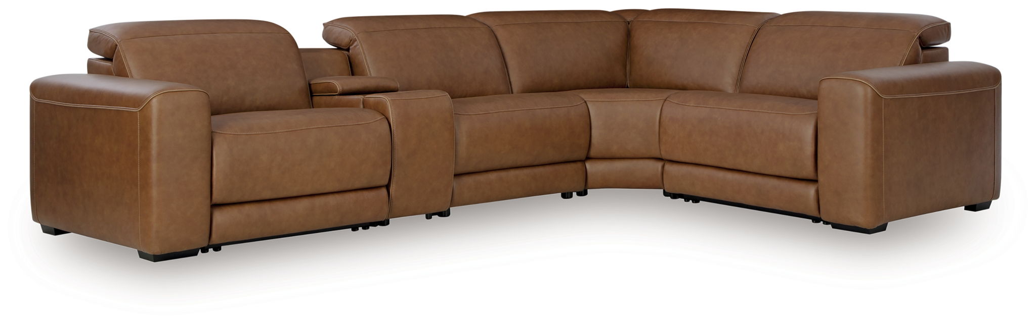 Caramel reclining sectional sofa with chaise corner and padded headrest area