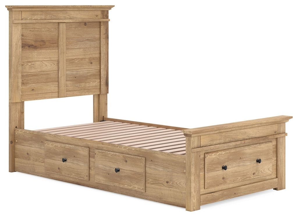 Light brown panel storage bed with open slatted base and two front drawer compartments