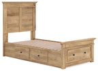 Light brown panel storage bed with open slatted base and two front drawer compartments