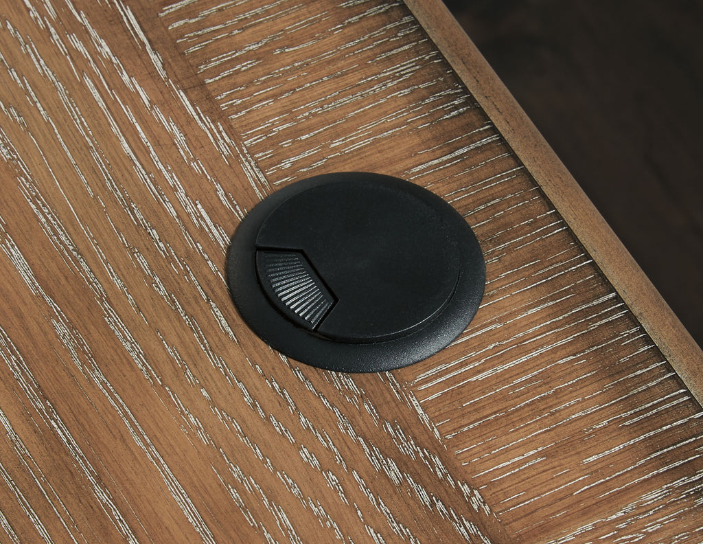 Home office desk return desktop with round black cord grommet