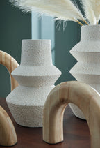 White textured taper vase holders with natural wood arch bases