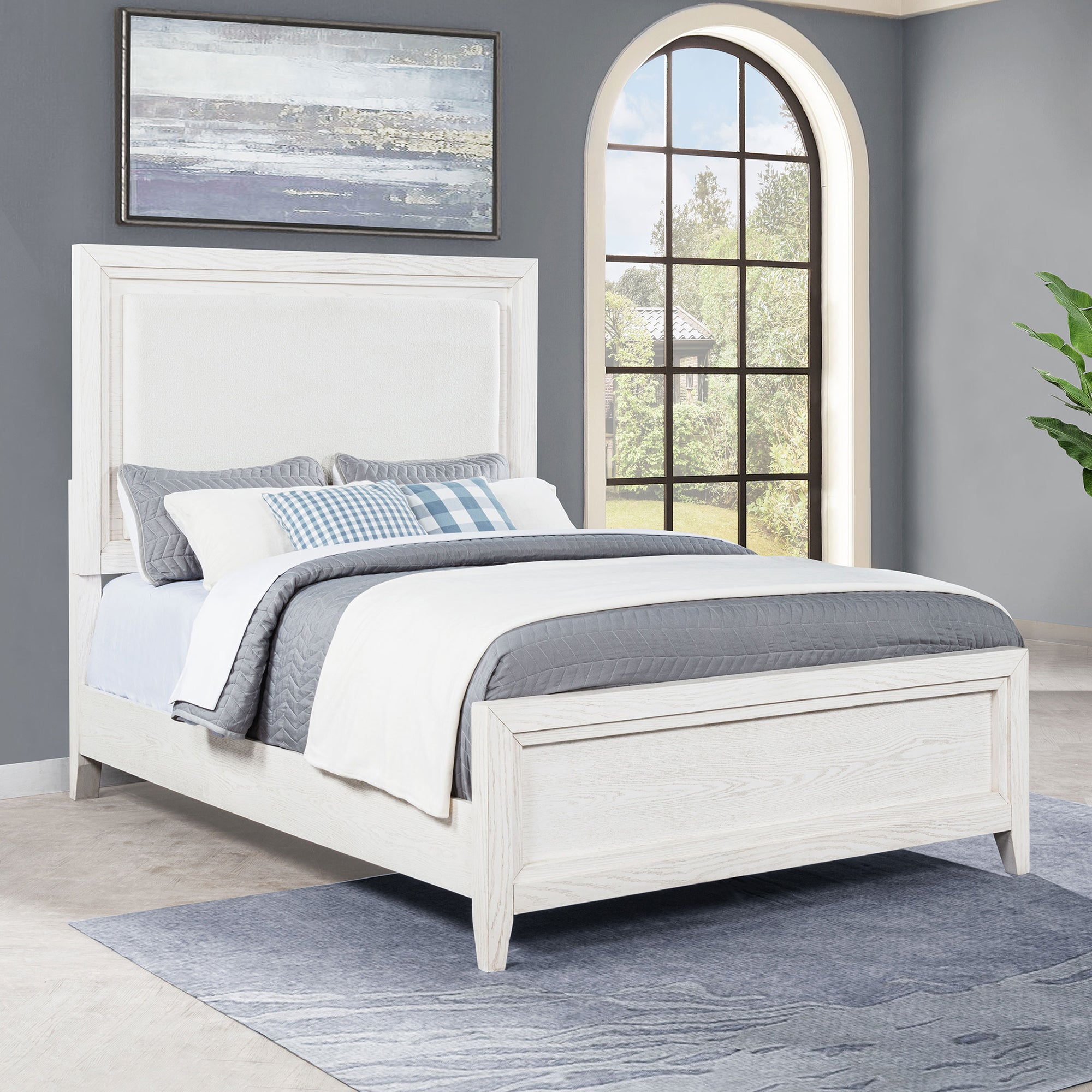 Inverness Distressed White Queen Upholstered Panel Bed