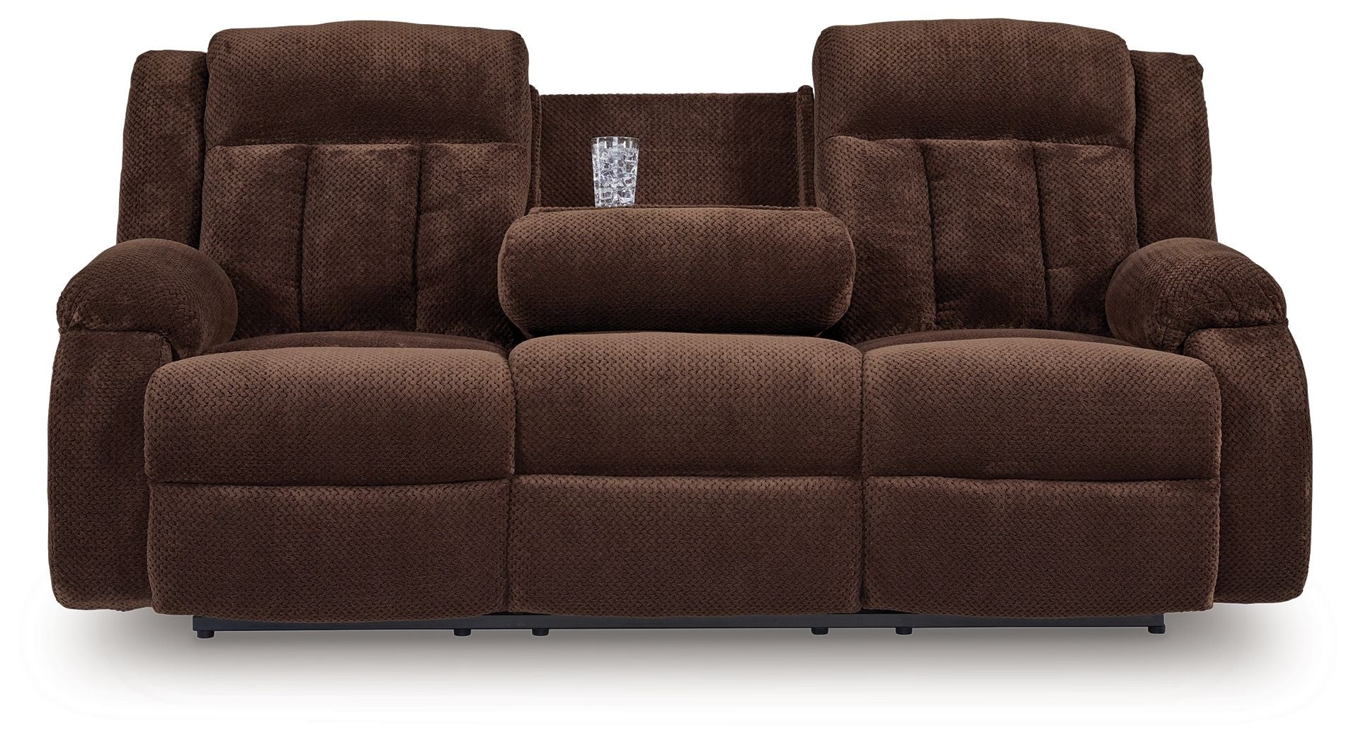 Chocolate brown reclining power sofa with two chaise seats and central headrest pillow