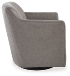 Gray swivel accent chair with rounded armrests and thick cushioned seat