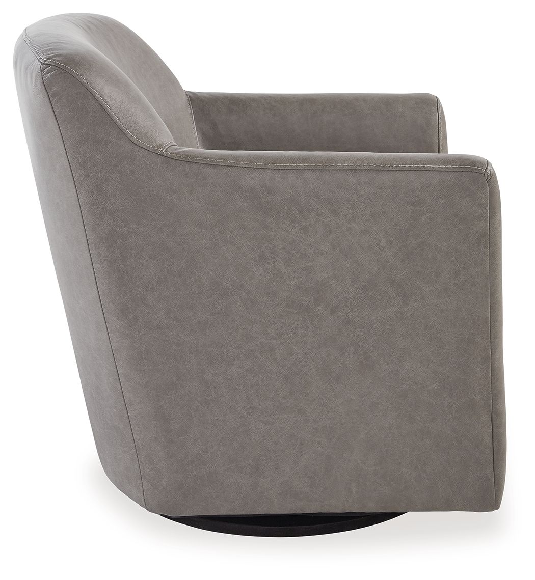 Gray swivel accent chair with rounded armrests and thick cushioned seat