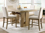 Counter-height dining table with four beige upholstered barstools in light brown wood