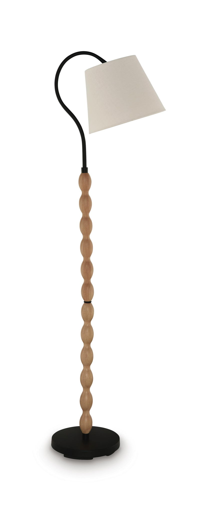 Tall floor lamp with square off-white shade, black gooseneck, and turned wood column base