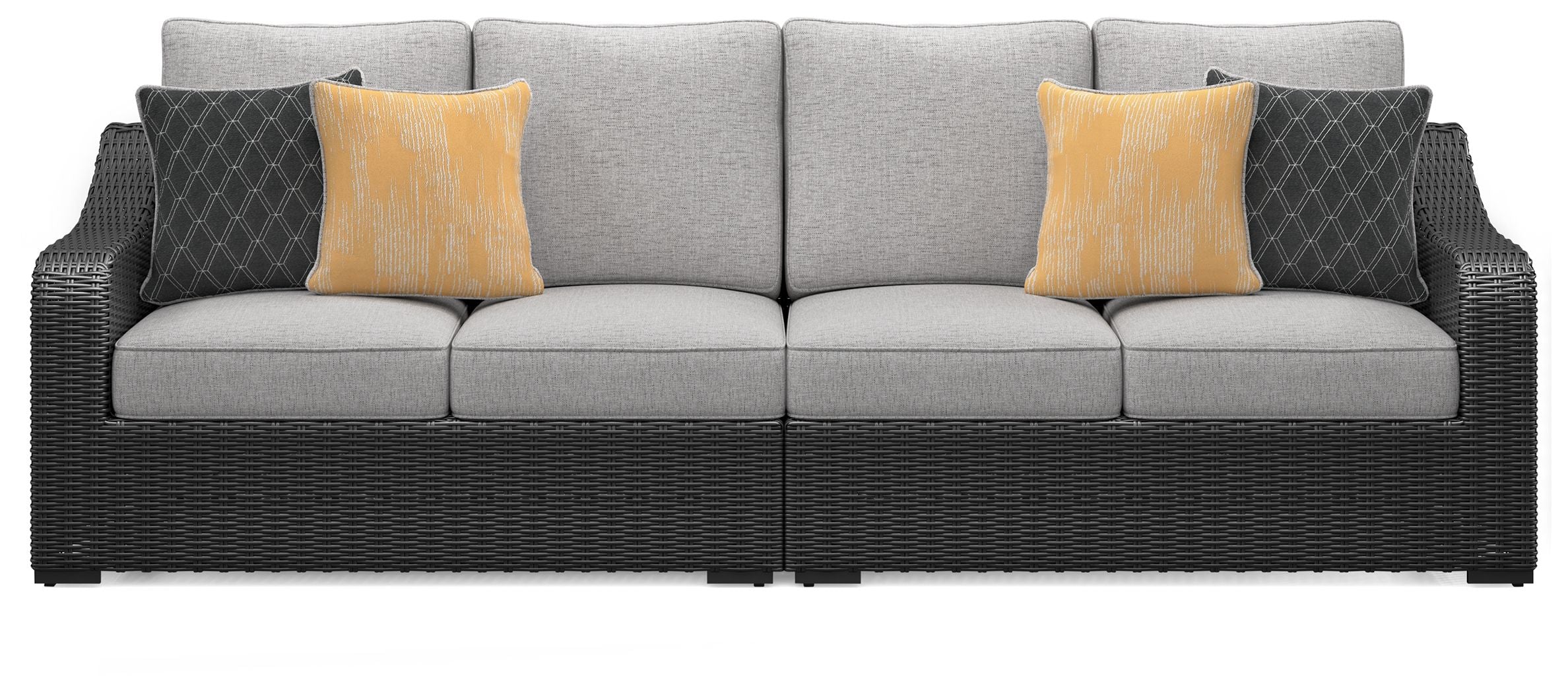 Outdoor loveseat front view with black wicker arms, light gray cushions, yellow and dark pillows