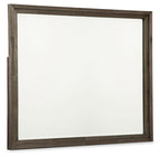 Rectangular bedroom mirror with grayish-brown wooden frame, flat reflective glass