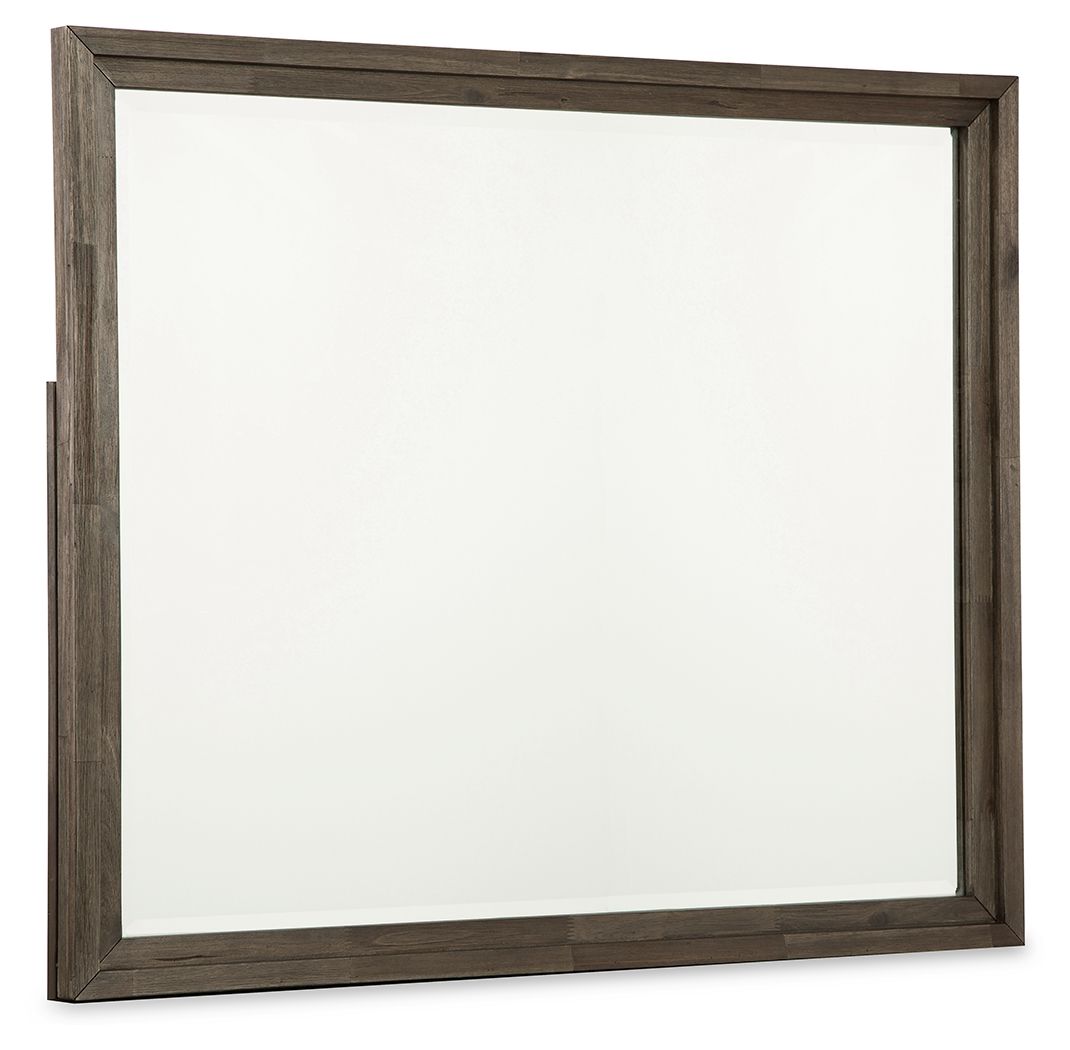 Rectangular bedroom mirror with grayish-brown wooden frame, flat reflective glass