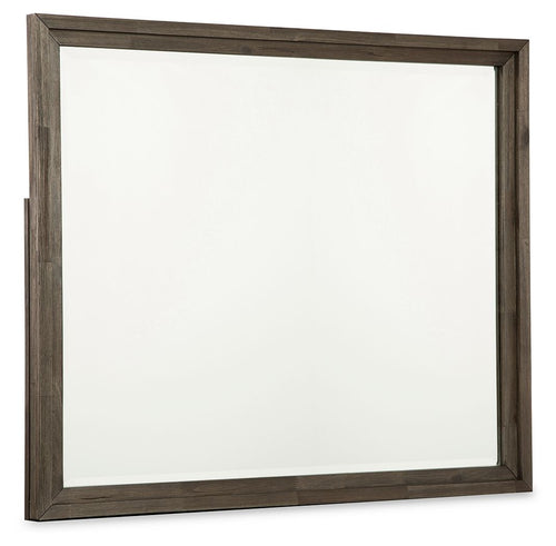 Rectangular bedroom mirror with grayish-brown wooden frame, flat reflective glass