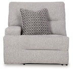 Pewter gray power recliner with patterned throw pillow and thick seat cushion
