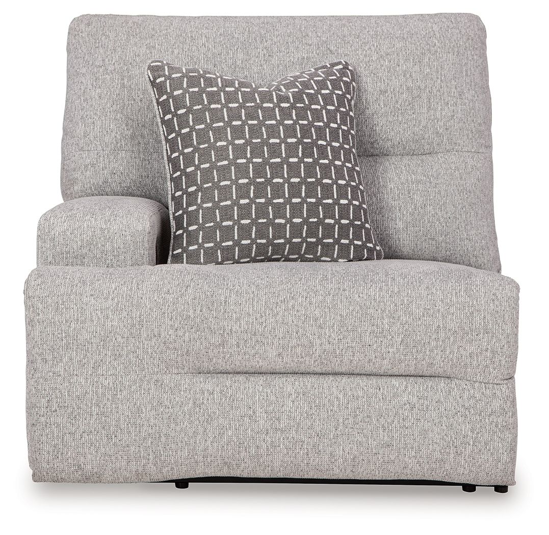 Pewter gray power recliner with patterned throw pillow and thick seat cushion