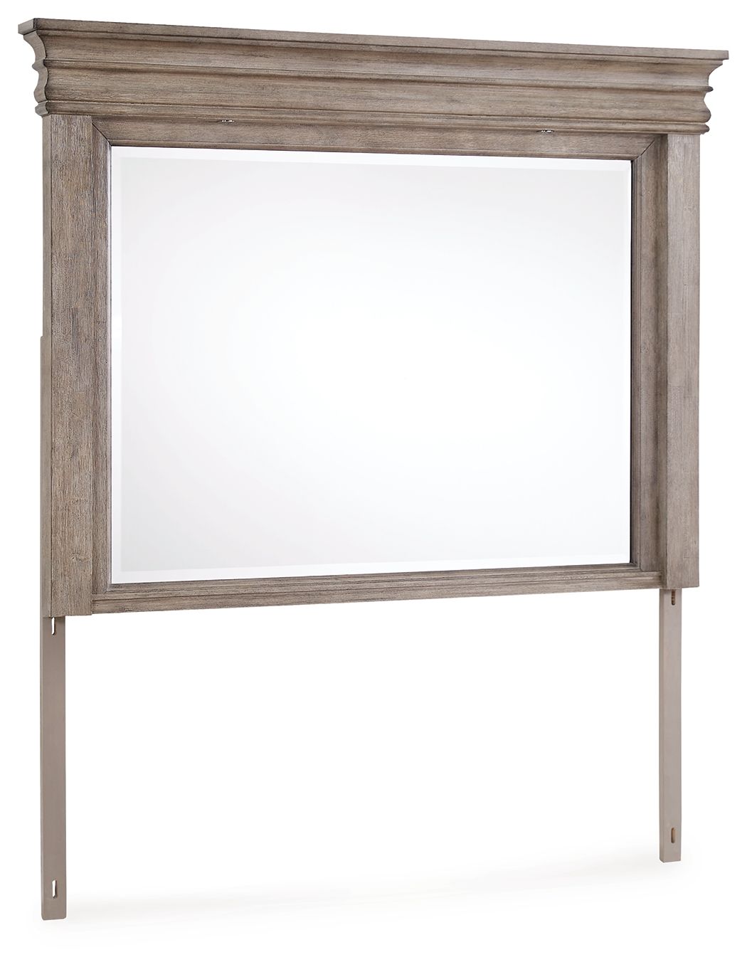Light grayish brown framed bedroom mirror with decorative top molding