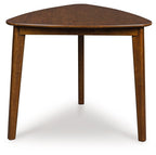 Brown triangle dining table with smooth round top and slender straight legs