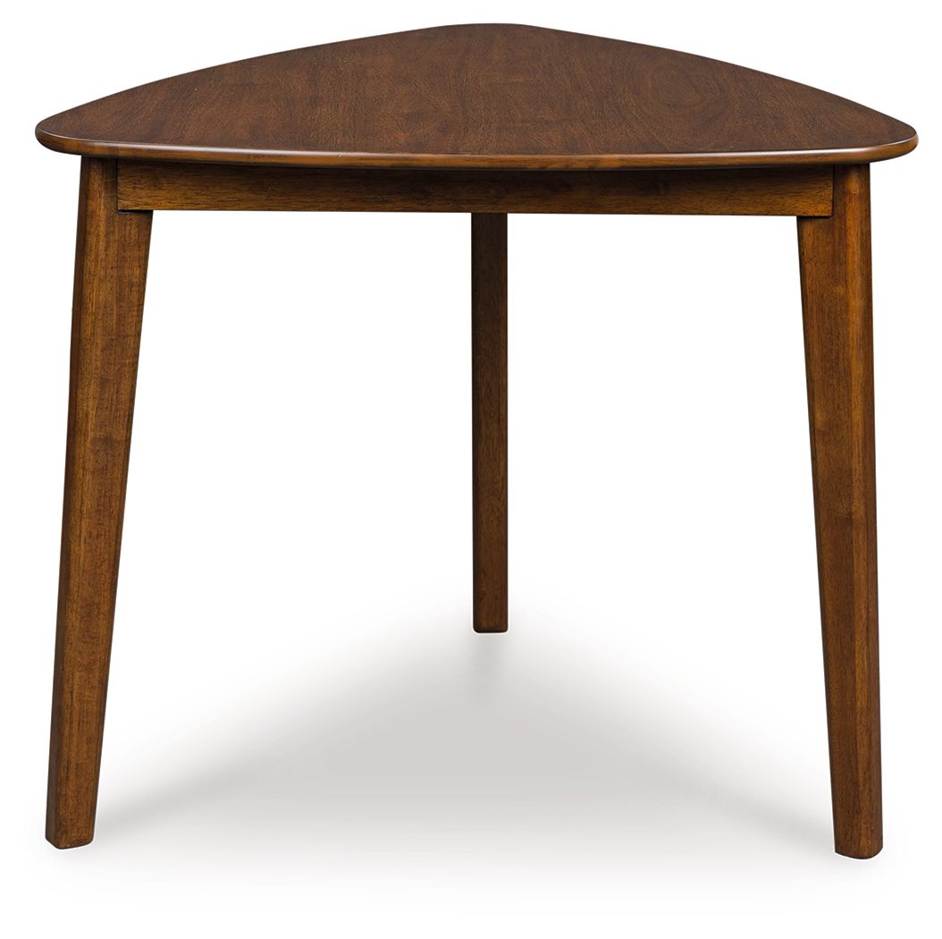 Brown triangle dining table with smooth round top and slender straight legs