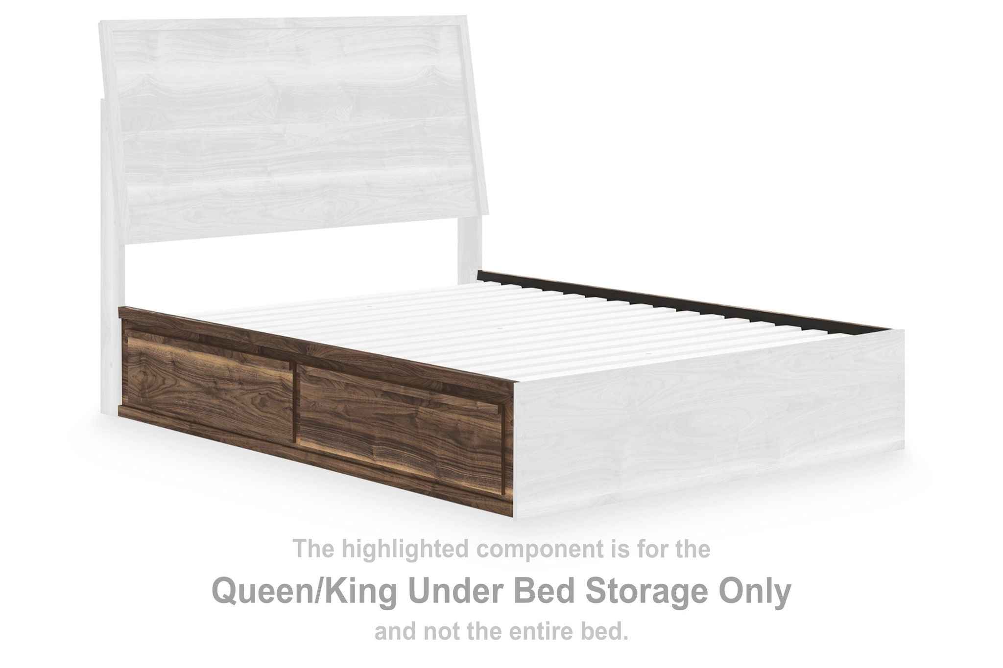 Brown under-bed storage drawer with sliding front panel for queen/king bed base