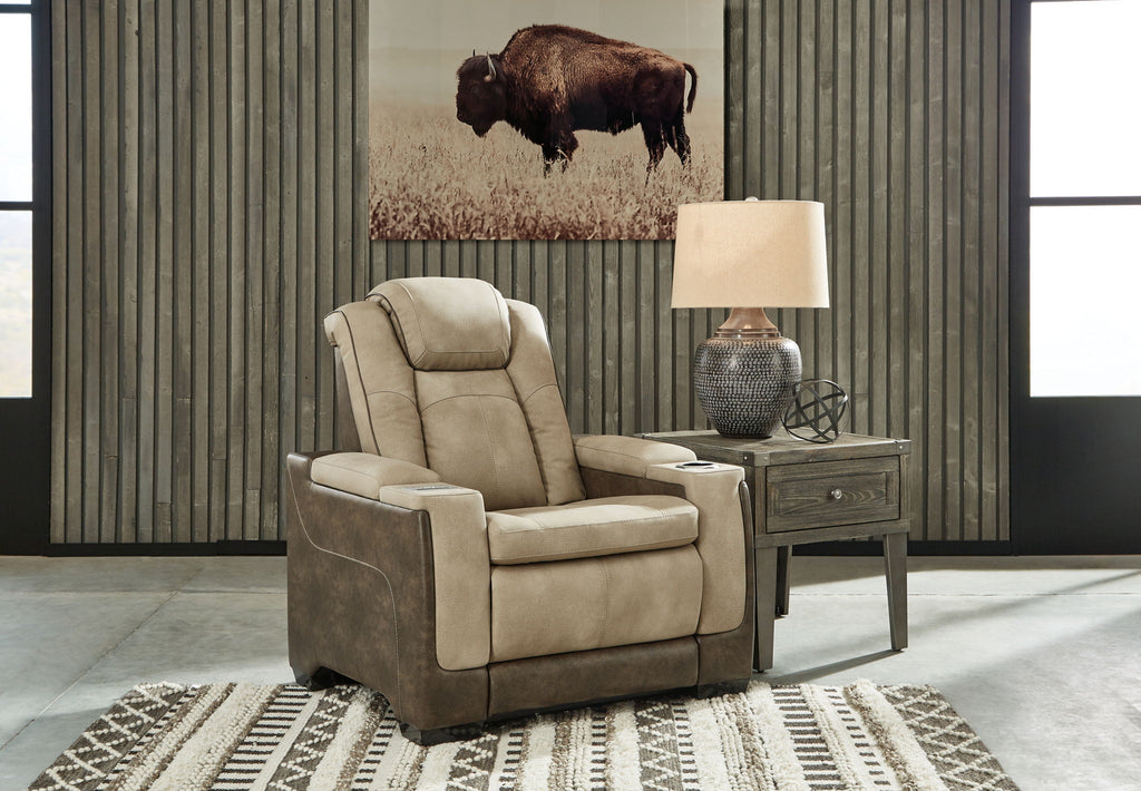 Sand recliner with adjustable headrest and padded arms, suede-look upholstery