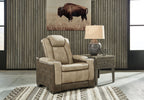 Sand recliner with adjustable headrest and padded arms, suede-look upholstery