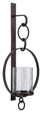 Brown wall sconce with arched metal frame and clear glass cylinder shade