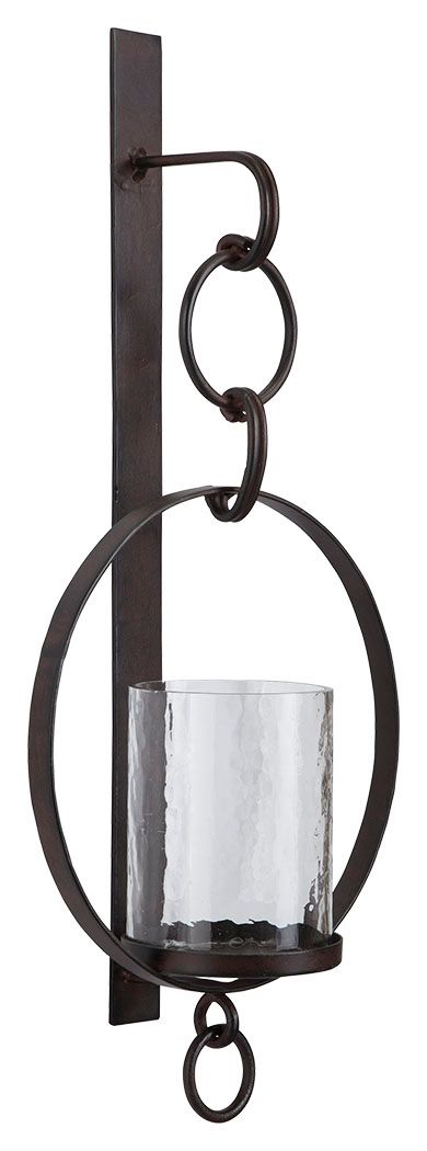 Brown wall sconce with arched metal frame and clear glass cylinder shade