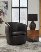 Black upholstered swivel chair with rounded arms and cushioned seat