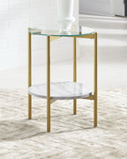 Round end table with clear glass top and white marble-look shelf, gold frame