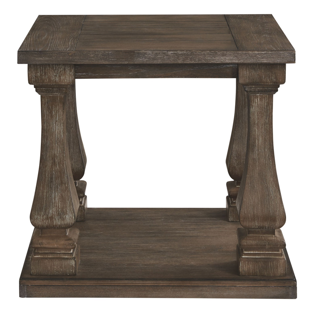 Rectangular end table with dark gray wood top, pedestal legs, and open lower shelf.