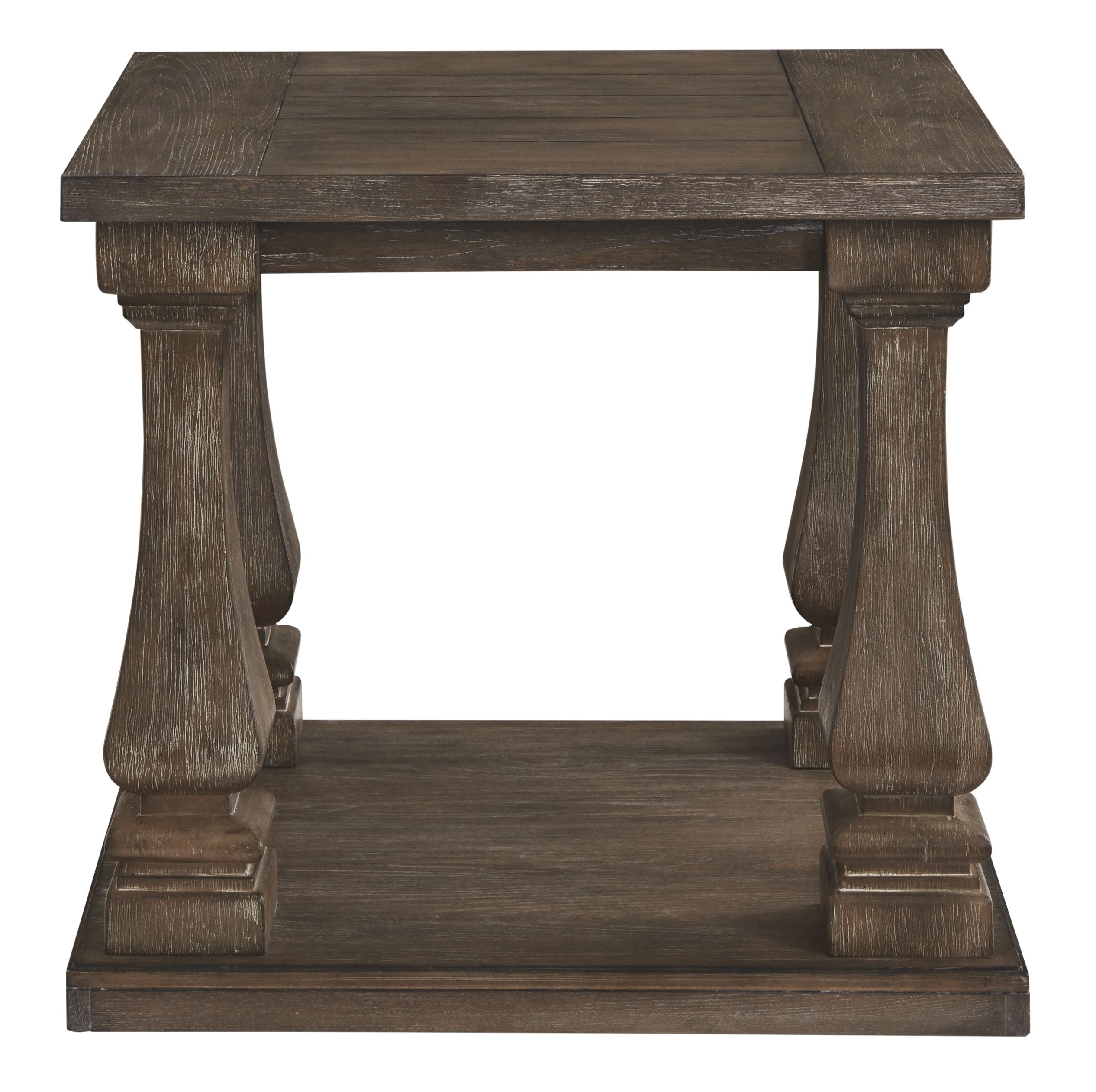 Rectangular end table with dark gray wood top, pedestal legs, and open lower shelf.