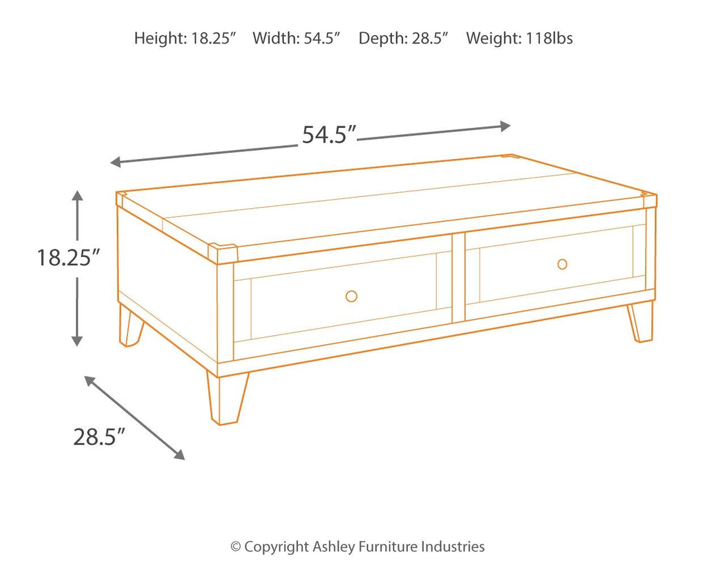 Lift-top cocktail table diagram with height 18.25 in, width 54.5 in, depth 28.5 in