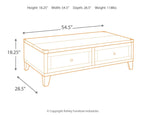 Lift-top cocktail table diagram with height 18.25 in, width 54.5 in, depth 28.5 in