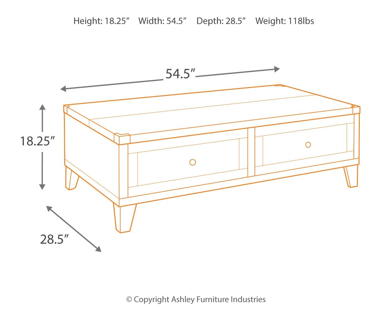 Lift-top cocktail table diagram with height 18.25 in, width 54.5 in, depth 28.5 in