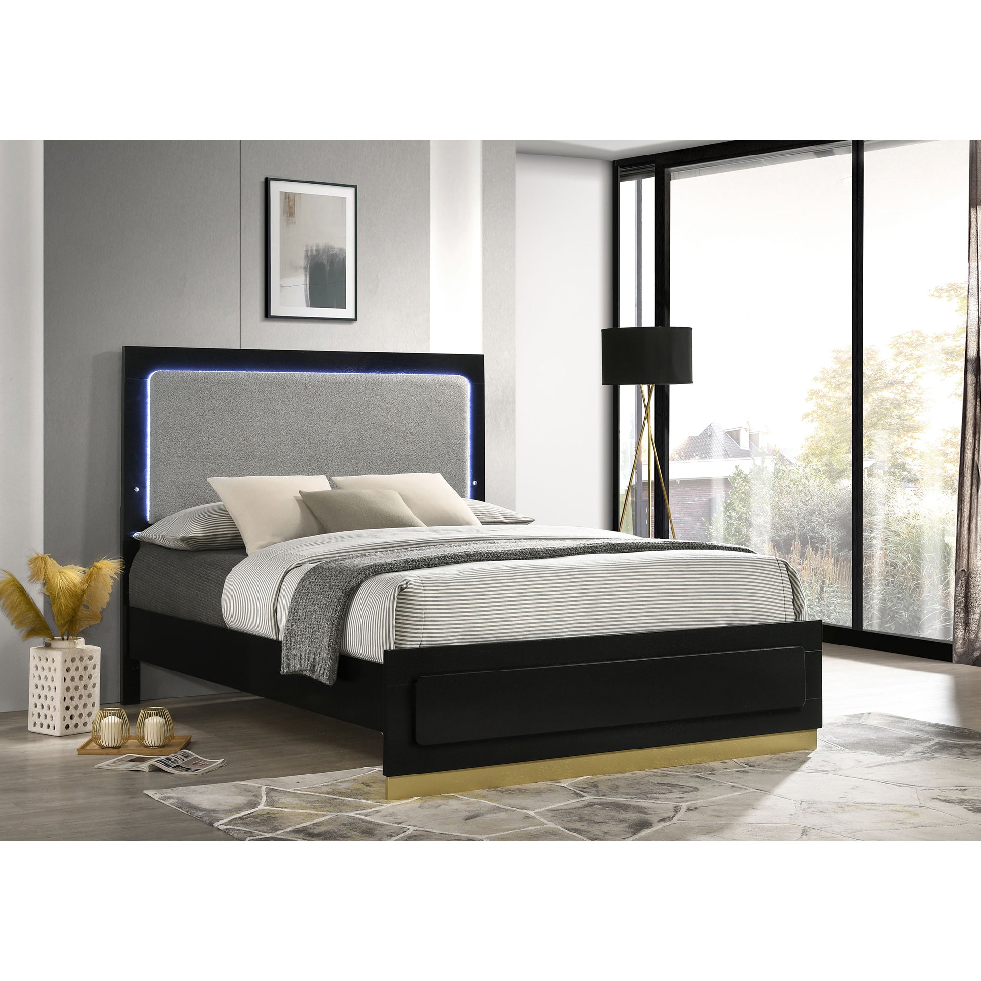 Luxury Sophia Black Wood Queen LED Panel Bed