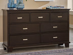Dark brown dresser with six drawers and silver bar pulls, angled front view