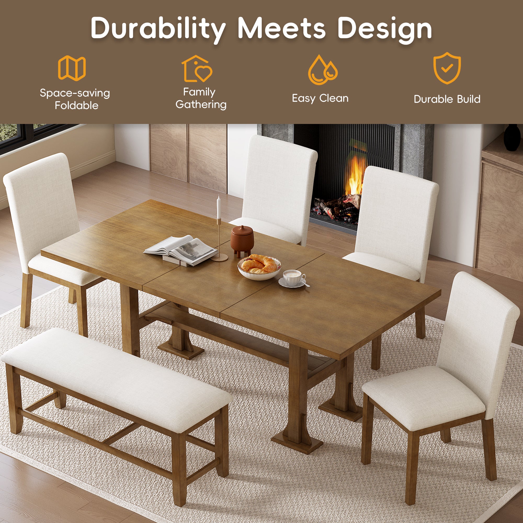 76" Farmhouse Dining Table Set - 6 Piece