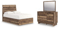 Brown full panel storage bed with matching dresser and mirror, drawer storage