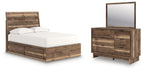 Brown full panel storage bed with matching dresser and mirror, drawer storage