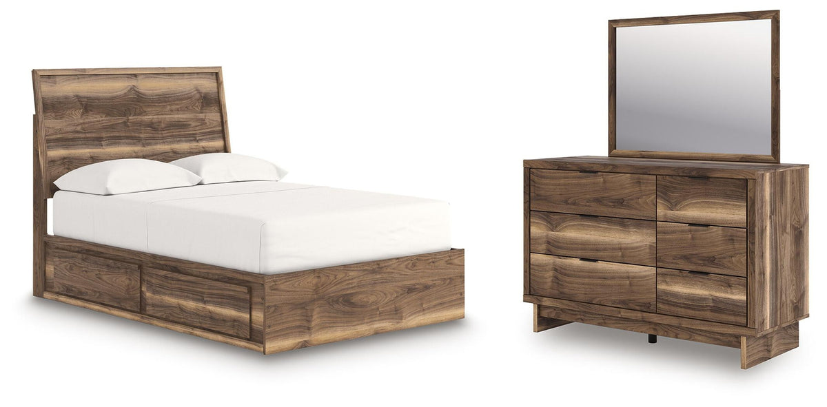 Brown full panel storage bed with matching dresser and mirror, drawer storage