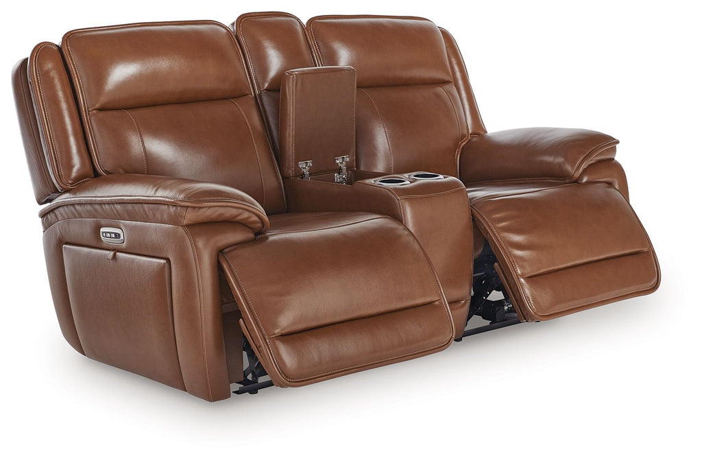 Chocolate brown power recliner loveseat with console and raised leg rests