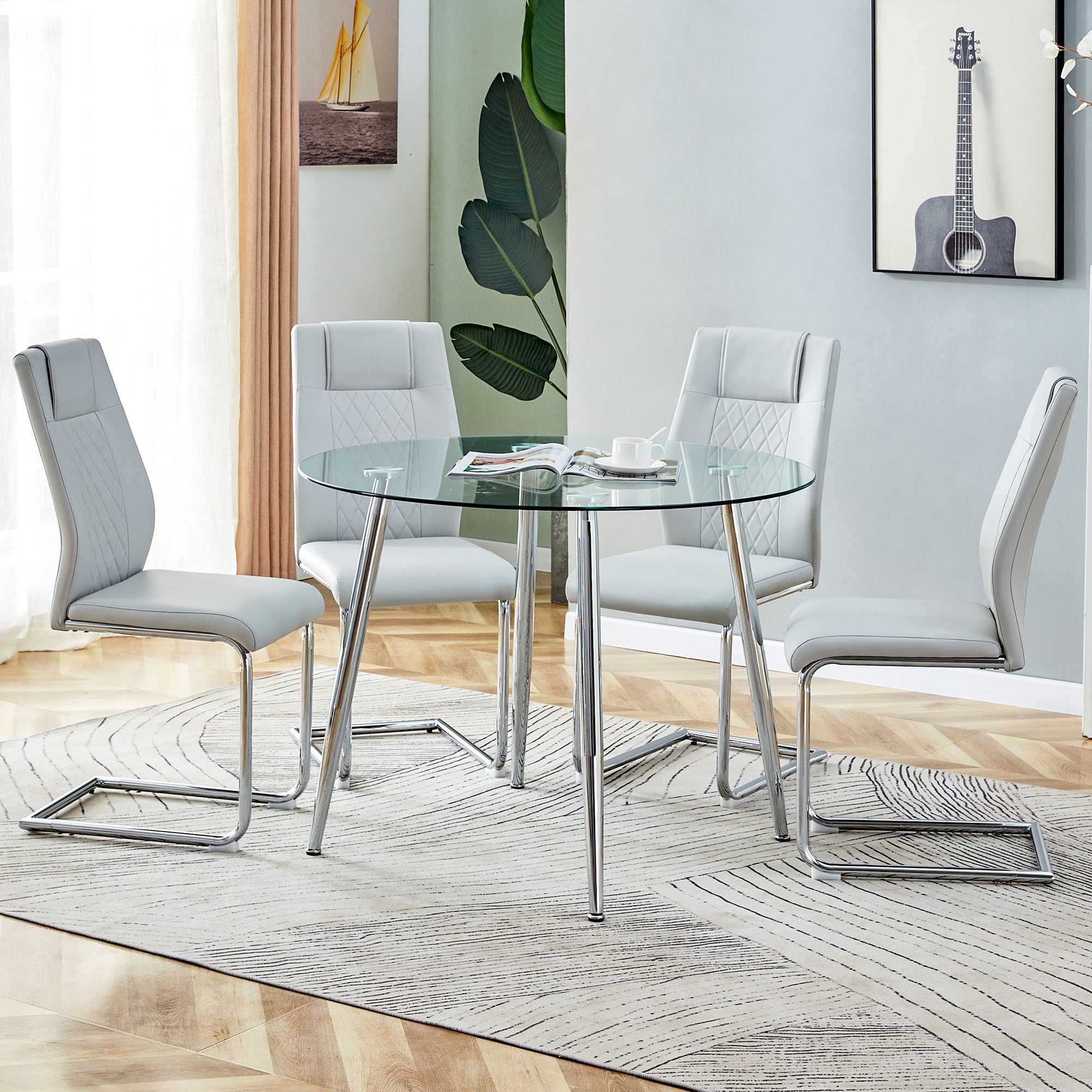 5-Piece Round Dining Table Set w/ Light Gray Chairs