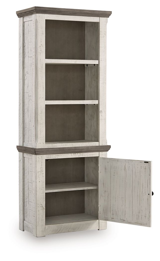 Distressed pier cabinet with open side door revealing shelving compartments