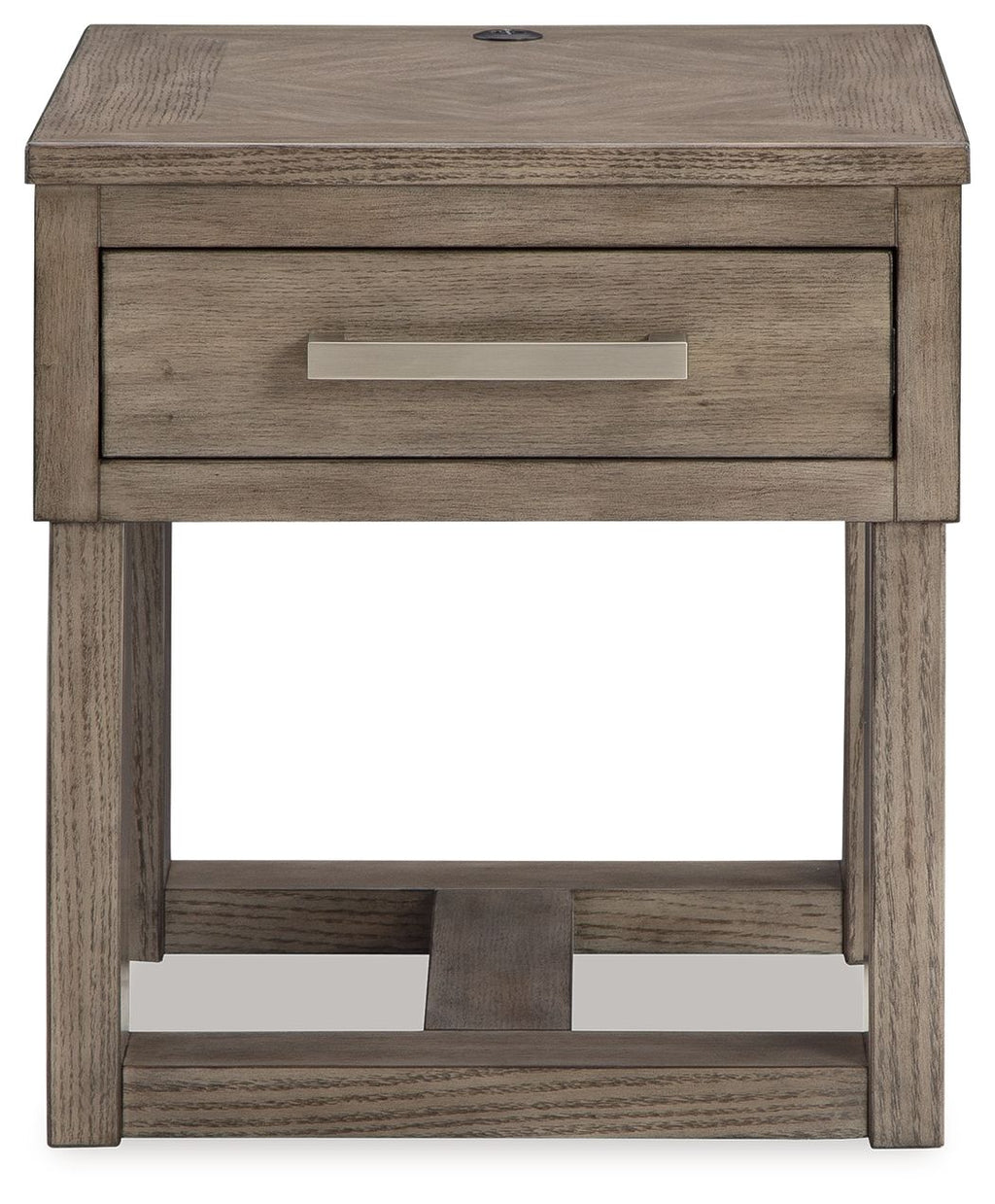 Grayish brown rectangular end table with a single front drawer and open bottom shelf