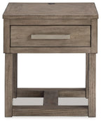 Grayish brown rectangular end table with a single front drawer and open bottom shelf